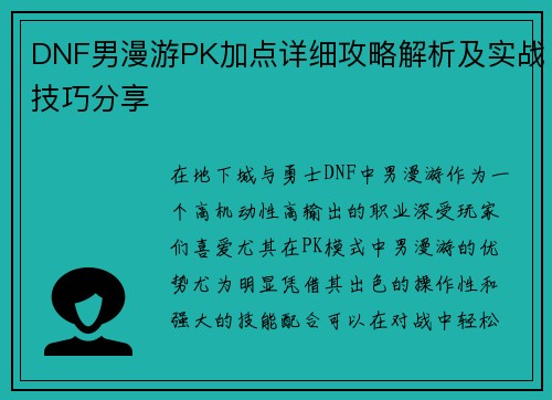 DNF男漫游PK加点详细攻略解析及实战技巧分享