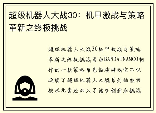 超级机器人大战30：机甲激战与策略革新之终极挑战