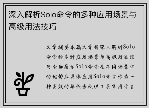 深入解析Solo命令的多种应用场景与高级用法技巧